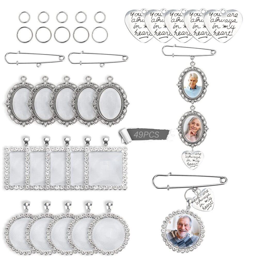 8242 49PCS Wedding Bouquet DIY Photo Charm Oval Round Square Silver Pin